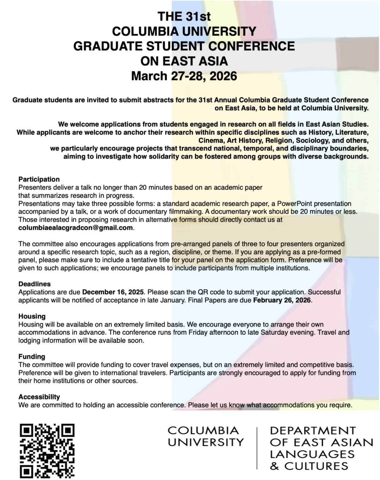 Summary of conference information with QR code. 